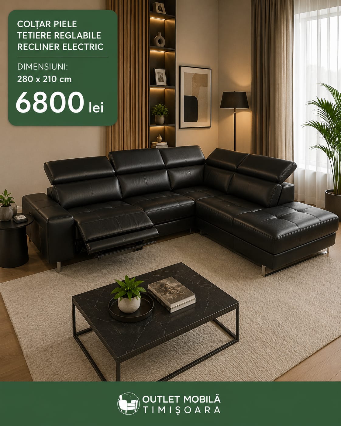 Colțar din piele cu recliner, 280x210 cm, în showroomul din Timișoara