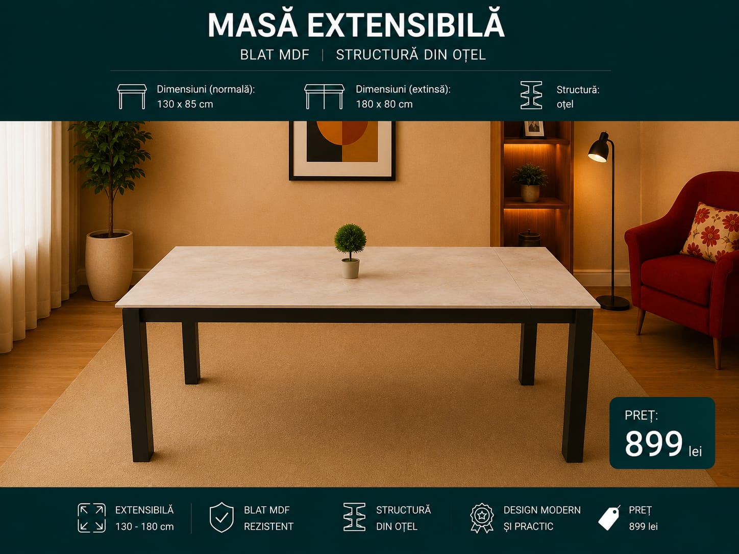 Masă extensibilă cu blat MDF și structură din oțel
